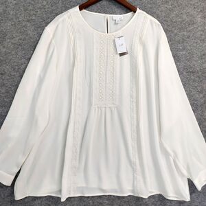 J Jill Blouse Womens 4X Ivory White Long Sleeve Embroidered Boho Tunic Top